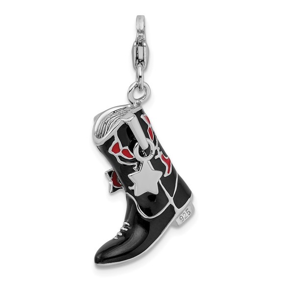 Sterling Silver 3-D Black Red Enameled Cowboy Boot Bracelet Charm Lobster Clasp - Picture 3 of 3